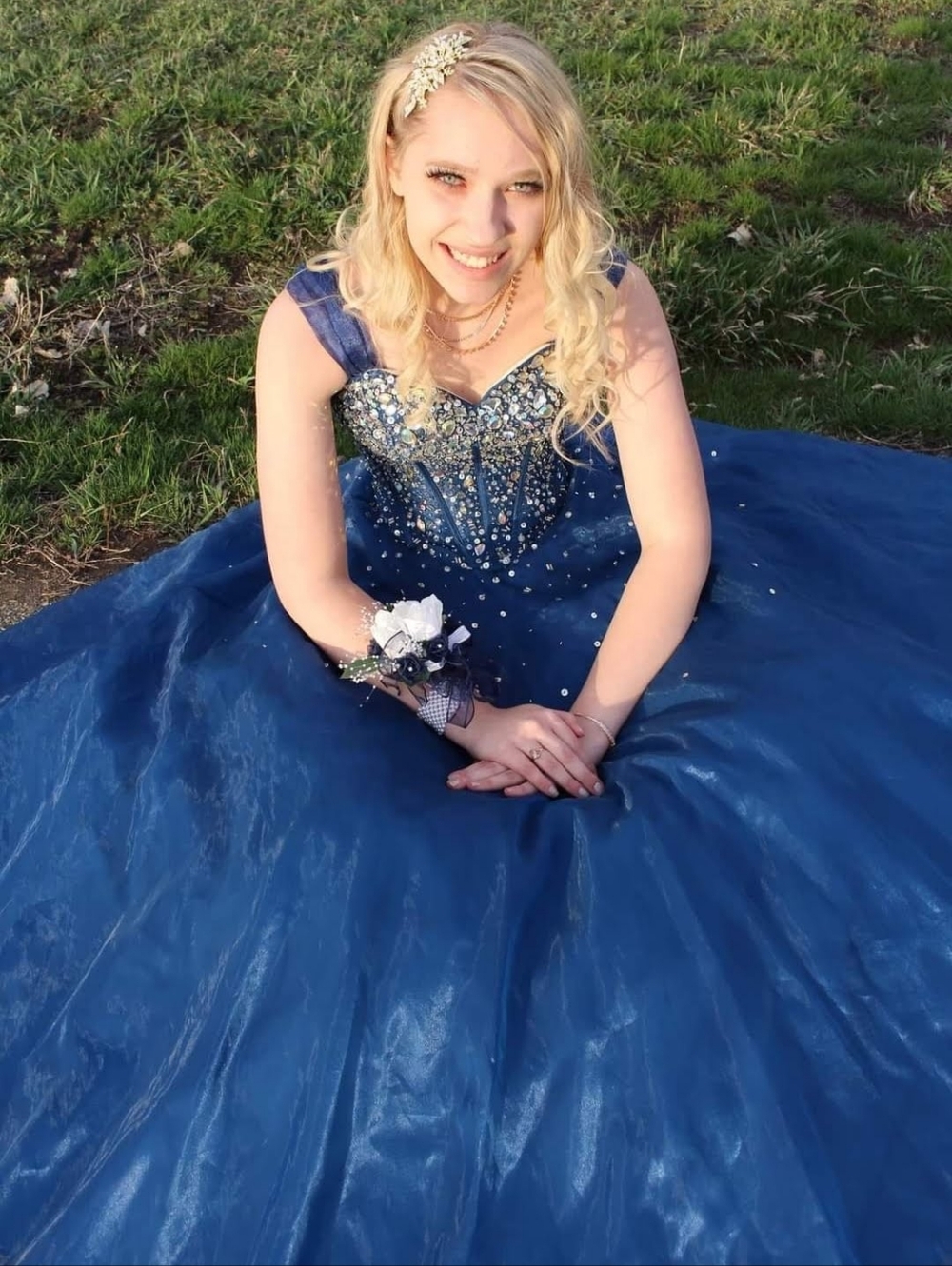 Navy Beaded Ball Gown Prom Dress